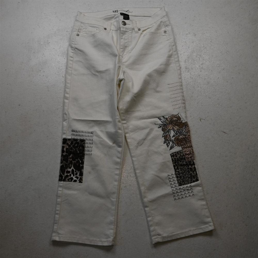 DG2 8 Tall High Rise Straight Ivory White Embroidered Patchwork Womens Jeans